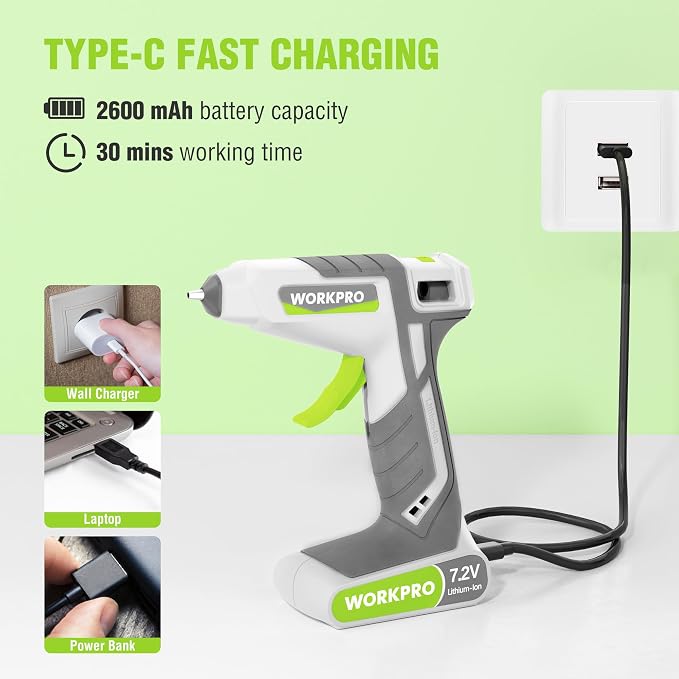 WORKPRO Cordless Hot Glue Gun, 30s Fast Preheating, 7.2V Dual-Temp Glue Gun Kit with 50pcs Glue Gun Sticks, Storage Bag, USB-C Charging Cord, 2600mAh Battery for DIY and Crafting, White