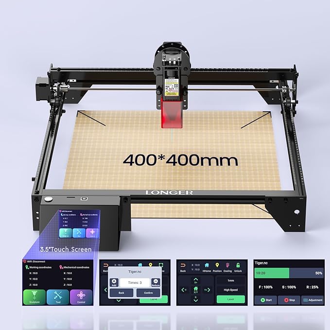Longer RAY5 10W Laser Engraver with Air Assist Kit, Rotary Roller kit, and 8 Pcs Raiser, High Precision Laser Cutter and Engraver for Wood, Metal, Acrylic, Cylindrical Objects, Tumblers