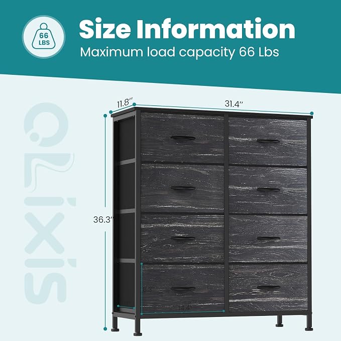 OLIXIS 8 Drawer Storage Dresser with Wood Top - Wide Fabric Chest Organizer for Bedroom, Closet, Living Room,Tower Cabinet, TV Stand, Hallway Entryway Furniture,Black Wood Grain