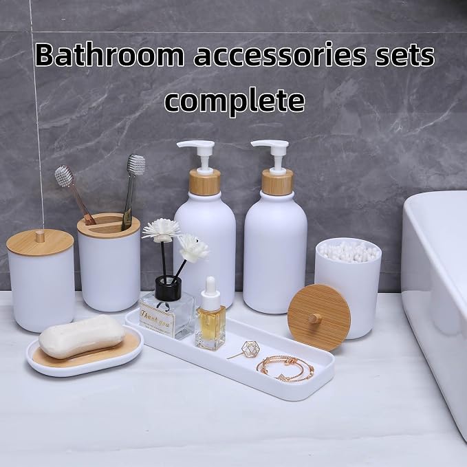 Matte White Bathroom Accessories Set 9PCS,Bamboo Bathroom Accessories Sets Complete with Trash Can,Soap Dispenser and Toothbrush Holder Set,Toilet Brush,Qtip Holder,Vanity Tray,Soap Dish