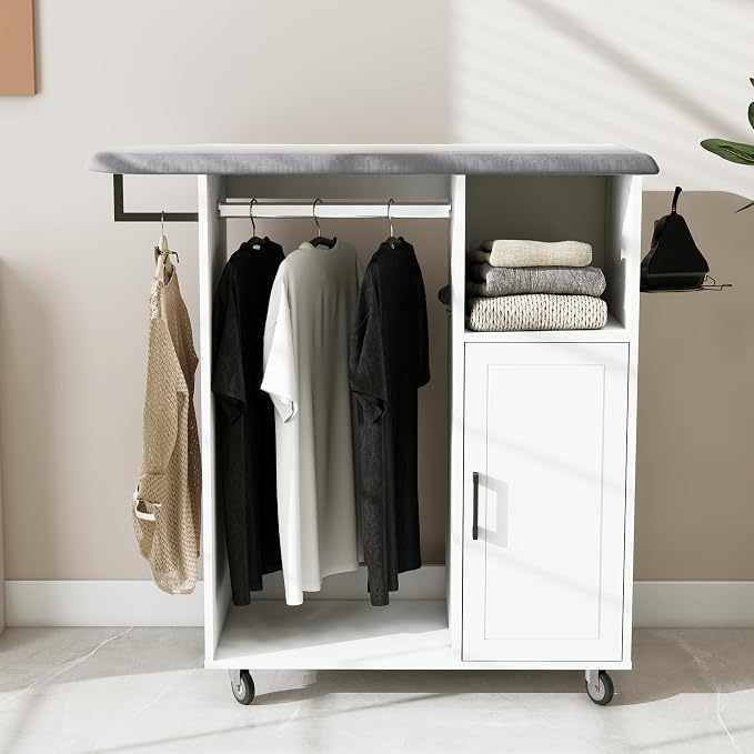 Rolling Ironing Board with Storage, Ironing Cart with Iron Holder and Coat Hanger, Multipurpose Ironing Cabinet with Wheels, Suitable for Laundry Room, Bedroom, Coat and hat, White