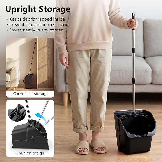 Jumbo Commercial Dustpan with Wheels & Comb Teeth - Heavy Duty 14.2" Rolling Debris Pan - Long Handle Extra Large Upright Dust Pan for Industrial Warehouse Garage Restaurant Sidewalk Outdoor - Black