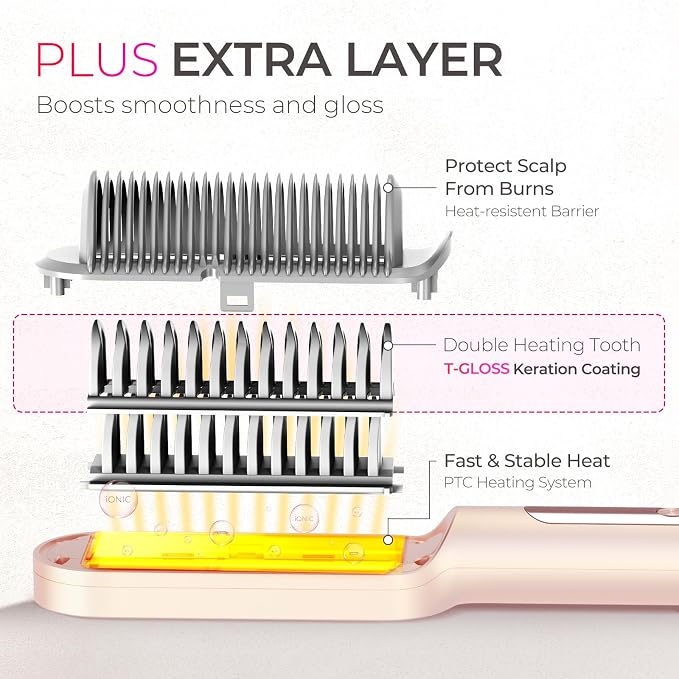 TYMO Ring Plus Ionic Hair Straightener Brush - Straightening Comb with Negative Ions for Women, Titanium Coating, 9 Temp Settings & LED Display, Dual Voltage, Professional Styling Tools, Gold Blush