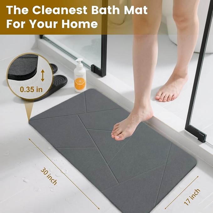 Extra Large Stone Bath Mat, 30'' x 17'' Diatomaceous Earth Non-Slip Stone Shower Mat, Super Absorbent Diatomite Stone Mats for Bathroom Dark Grey XL Plex