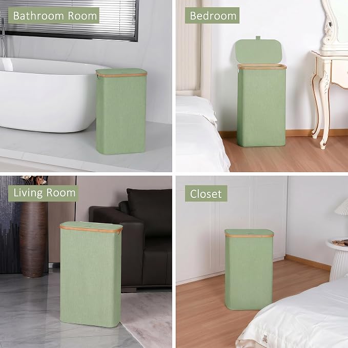 iEGrow 65L Slim Laundry Hamper, Narrow Laundry Basket with Lid,Foldable Clothes Hamper with Bamboo Frame,Hamper Basket with Removable Inner Bag for Laundry Room Bedroom College Dorm,17.17 Gals Green