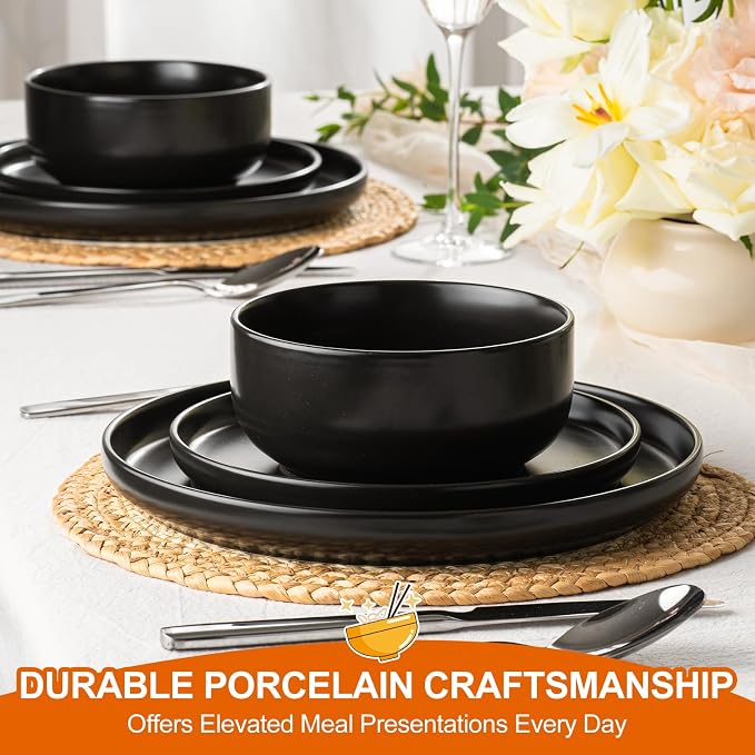 EWFEN Plates and Bowls Sets, 12 Pieces Ceramic Dinnerware Set for 4, Stoneware Dishware Dishes Set, Scratch Resistant Dishes Set, Dishwasher & Microwave Safe, Black