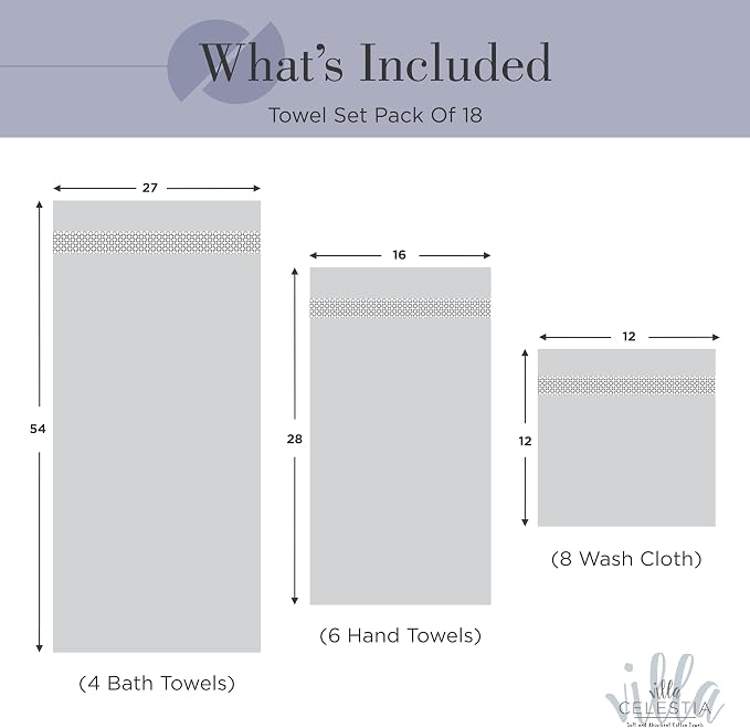 Villa Celestia 18-Piece 100% Cotton Towel Set, 4 Bath Towels, 6 Hand Towels, 8 Wash Cloth, Quick-Dry, Navy Blue