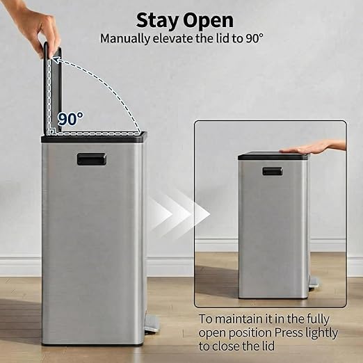 GarveeHome 16 Gallon Dual Compartment Trash Can, Stainless Steel Recycling Trash and Recycle Bin Combo with Step Pedal, Silent-Close Lid, Odor Control & Pet-Proof Design for Kitchen, Office