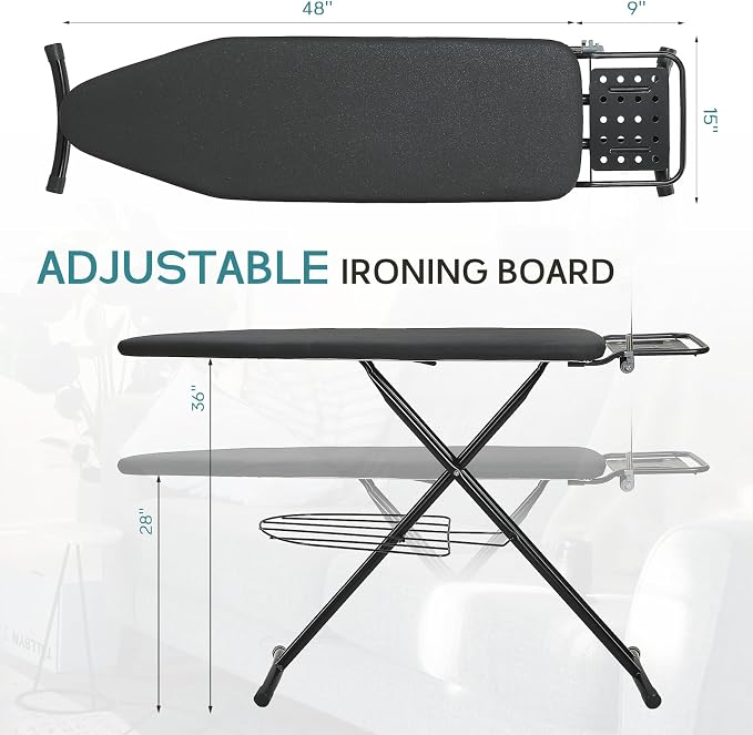 Ironing Board 48x15 in, RAINHOL Large Heavy Duty Ironing Boards Full Size with Pad and Cover, Height Adjustable Iron Stand with Storage Tray and Iron Rest, Black
