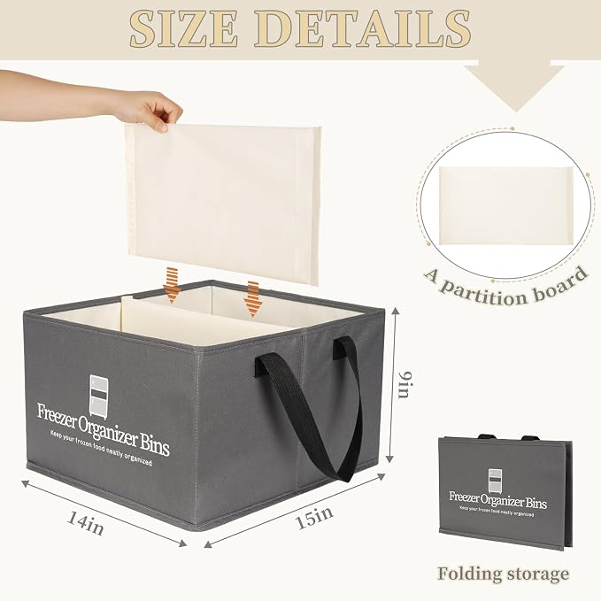 Flenpptly Freezer Organizer Bins, 2 Pack Freezer Storage Bins, Dark Grey | 15"x14"x9" Collapsible Deep Freezer Organizer Bins with Removable Dividers, Handles