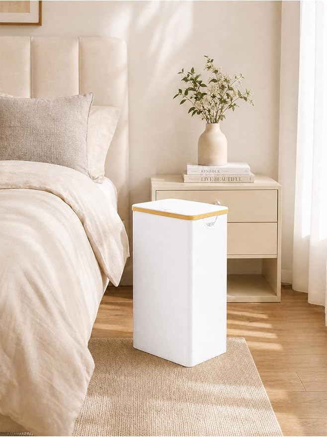 iEGrow 110L Laundry Hamper with Lid，Dirty Clothes Hampers for Laundry,Laundry Basket with Bamboo Handles and Removable Bag,Hamper for Bedroom, Bathroom, Dorm, Laundry Room, White