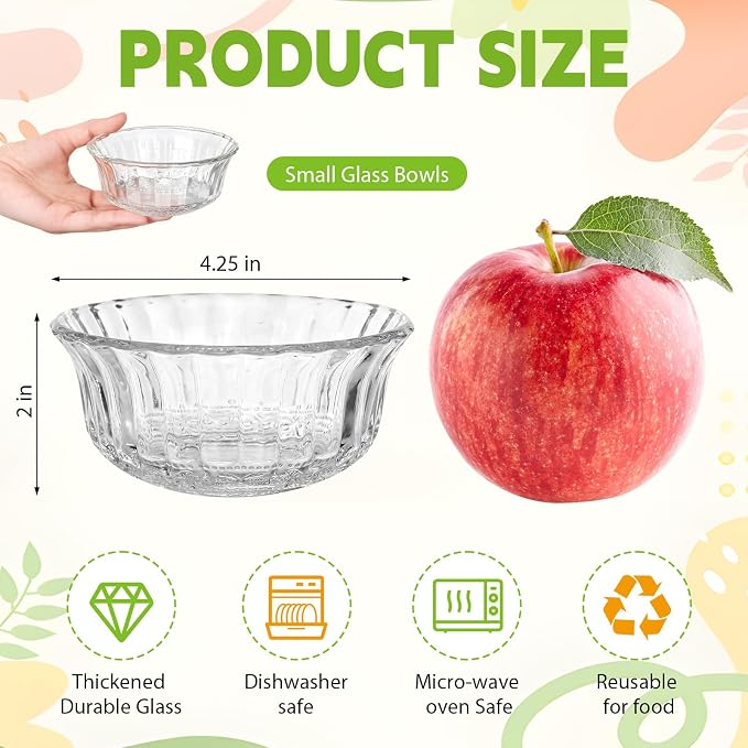24 Pack Small Dessert Glass Bowls Bulk 8.5 oz Glass Ice Cream Bowls Prep Serving Mini Container for Kitchen Restaurant Party, Side Dishes for Dessert Ice Cream Dipping Yogurt Cereal Candy