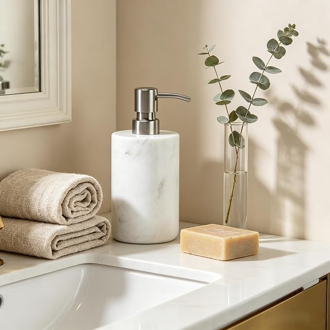 Marble Soap Dispenser Natural Organic Soap Pump with Metal Push Pump, Elegant Round Hand Lotion Jar, Premium Heavy Duty Pump Bottle, Lotion Jar for Kitchen, Bathroom, Laundry Room (White)