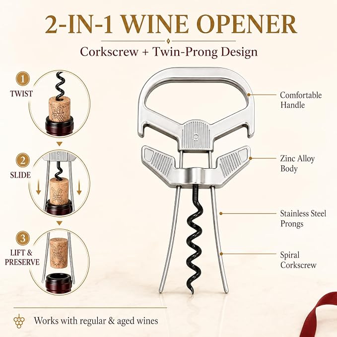 Ah So Wine Opener for Vintage Bottles, 2 in 1 Hybrid Cork Removal Device, Two-Prong Cork Remover for Older Fragile Corks, Classic Silver Tool for Wine Lovers & Collectors