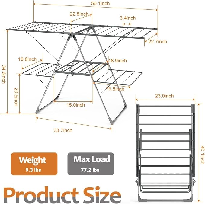 Bigzzia Clothes Drying Rack Foldable, 2-Level Large Laundry Drying Rack Collapsible, Stainless Steel Drying Rack Clothing for Indoor Outdoor, Easy to Fold, 33 Drying Rails, 56.1" L × 22.7" W, Gray