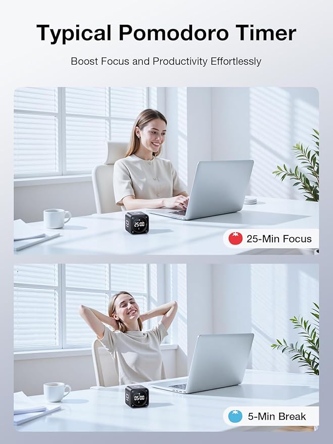 TK3 Pomodoro Timer Cube, Desk Productivity Timer with 5/10/30/60 Min Presets, Custom Countdown, Stopwatch, Clock, 3 Alarm, Silent, Vibrate & Sound Mode, for Task, ADHD, Study, Kitchen,Obsidian Black