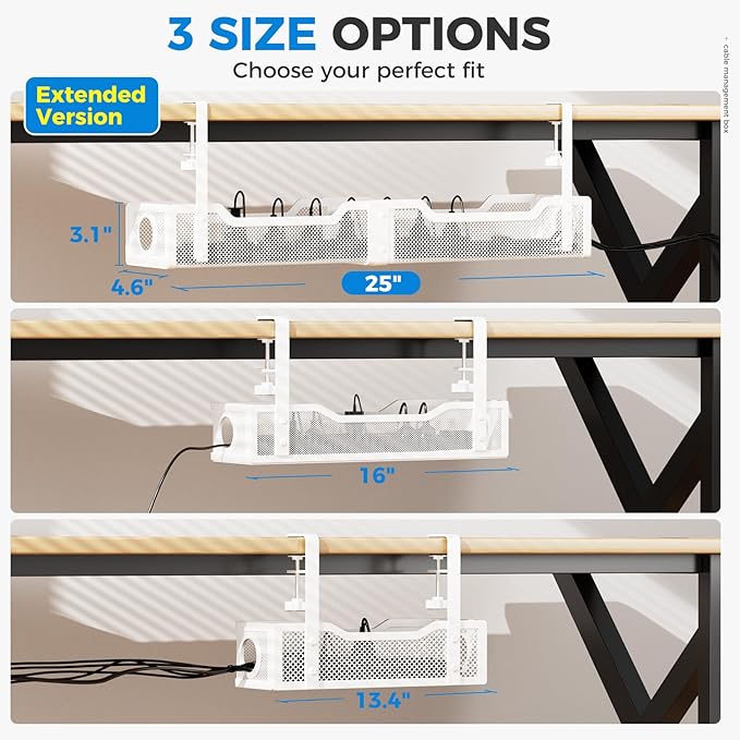 [Upgraded] 25" Extra Large Under Desk Cable Management, Cinati Wire Organizers No Drill, Cable Tray with Clamp for Wire Management, Cord Organization Box for Office, Home - No Damage to Desk(White)