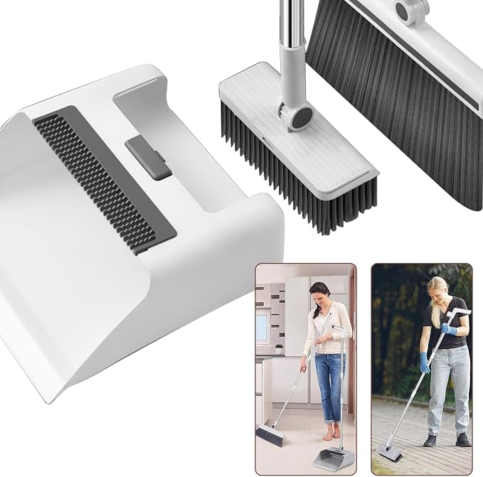 SZZJKJ Broom with Dustpan Combo Set, Silicone Long Handle Broom Dustpan, Floor Scrub Brush - Cleaning Broom 4 in 1 (White)