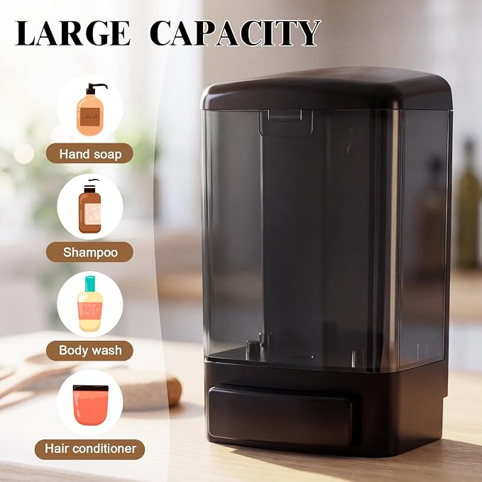 Hushee 6 Pcs Plastic Wall Mounted Soap Dispenser Commercial Manual Soap Containers Wall Dispenser for Kitchen Shower Hotel Liquid Shampoo Gel Chamber (33.8 oz 1000 ml,All Black)