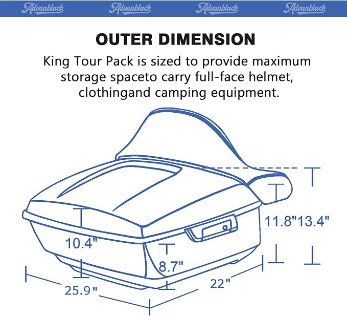 Advanblack Road Glide Tour Trunk Pack Blue Burst King Tour Trunk Pack Luggage +Wrap-Around Backrest Pad for '97-'25 Harley Touring Road King Street Glide Electra Glide CVO models