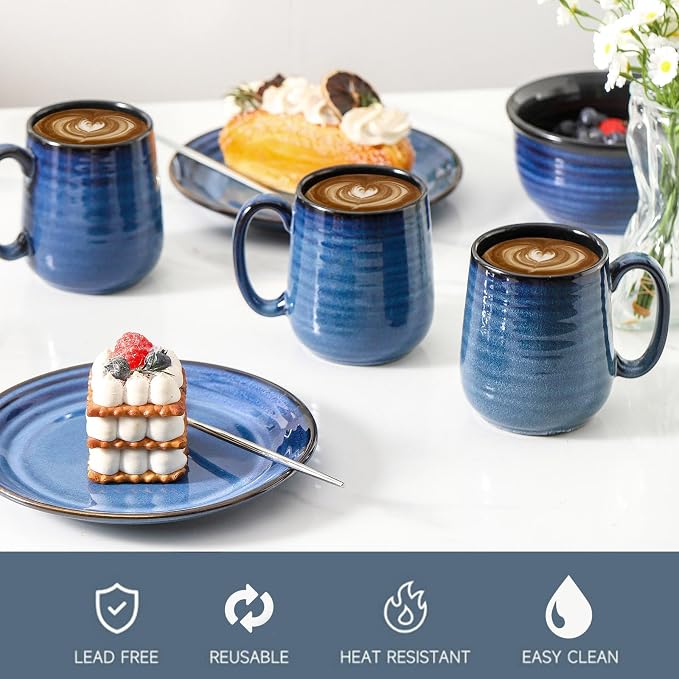 HASENSE Coffee Mugs, 12 Ounce Ceramic Coffee Mug Set of 6, Reactive Glaze Tea Cups with Handle for Milk, Hot Cocos, Latte, Stylish Blue Cup Gift for Man and Women, Dishwasher and Microwave Safe
