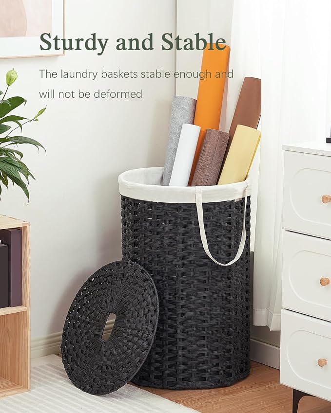 SETVSON Large Laundry Hamper Laundry Basket Round 130L, Black | Decorative PE Rattan Furniture Look for Bedroom, Round Laundry Hamper, Removable Liner Bag, 2 Mesh Bags, Handles