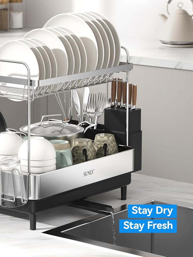 2 Tier Dish Drying Rack, Extra Large Dish Rack, Expandable Dish Racks for Kitchen Counter, Multifunctional Large Dish Drainers for Kitchen Counter, Black