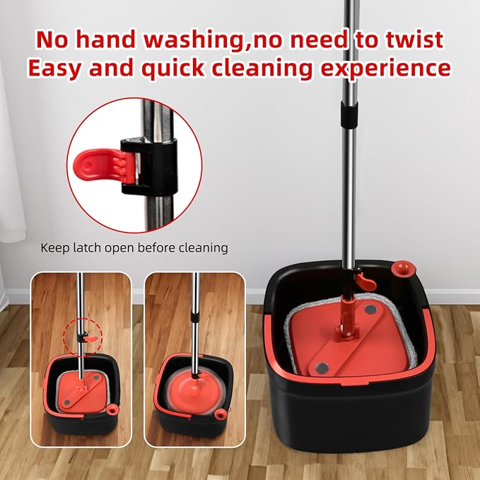 Spin Mop and Bucket with M16 Self Separation Dirty and Clean Water System with 2pads, Self Wringing 360° Rotating Clean Mop-Head and Bucket Set for Hardwood Tile Marble Floor-(Black+Red)