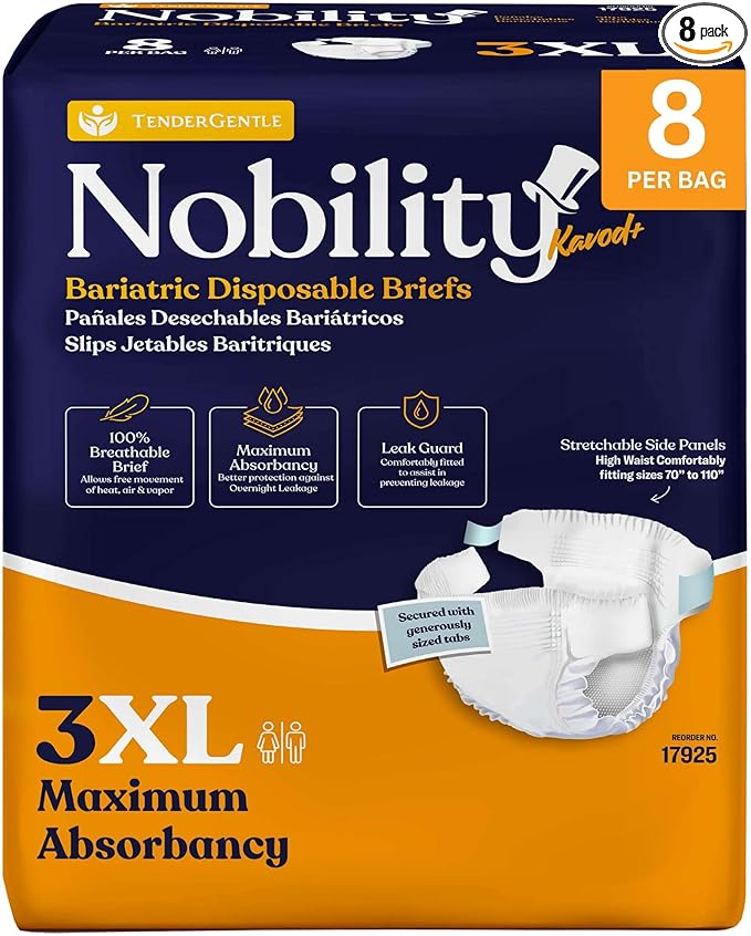 3XL Adult Diapers for Women and Men - 8 Bariatric Disposable Briefs with Tabs and Stretchable Side Panels - Breathable with Maximum Absorbency
