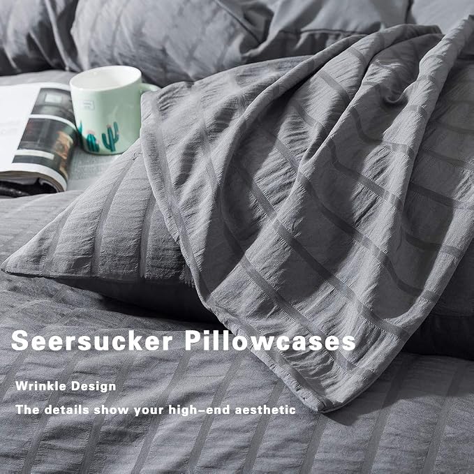 AveLom Seersucker Duvet Cover Set Full Size (80 x 90 inches), 3 Pieces (1 Duvet Cover + 2 Pillow Cases), Dark Gray Ultra Soft Washed Microfiber, Textured Duvet Cover with Zipper Closure, Corner Ties