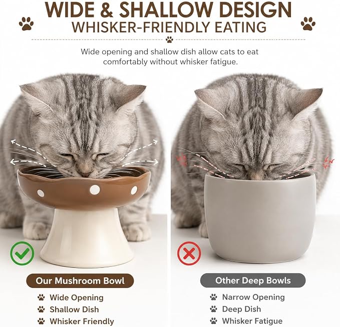 Brown Mushroom Cat Bowl, Elevated Ceramic Bowl for Cats | Cute, Elevated, Ceramic, Whisker Friendly, Dishwasher Safe