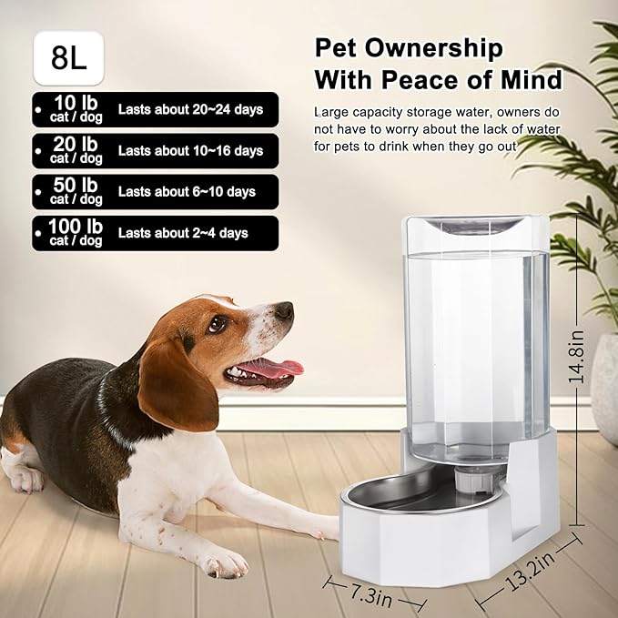 Sfozstra 8L Gravity Dog Water Dispenser:Stainless Steel Bowl | No Filter Maintenance/ Non-Slip Base/Easy-Clean/for Living Room & Bedroom/Multi-Pet Friendly