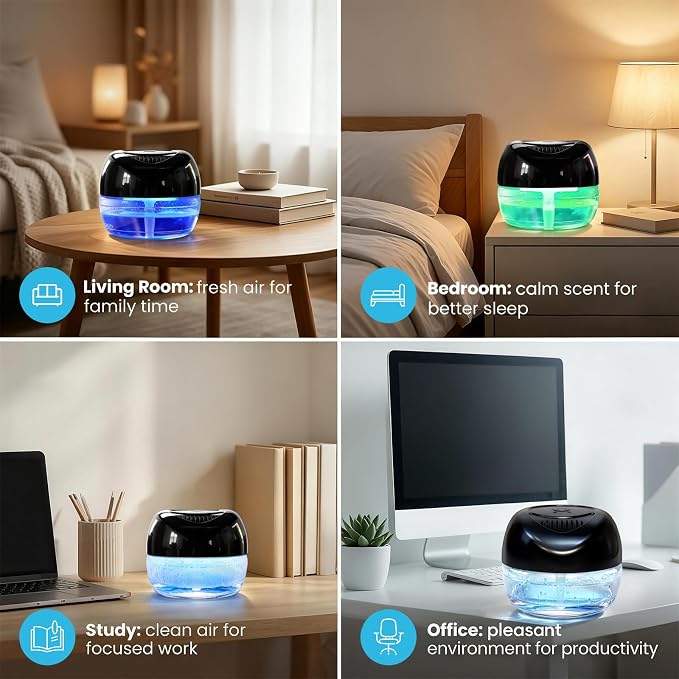 Water Based Air Purifier with Essential Oil Diffuser Pack, Air Washer with 7 Color LED Night Light, Air Revitalizer Includes 6x10ml Essential Oil Aroma Diffuser for Home, Office, Pet