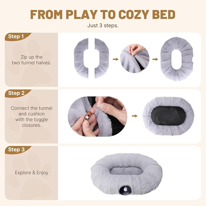 Extra Large Cat Tunnel, 47.2in Multi-Cat Family Big Cat Tunnel for Cats, Long Cat Tunnel Bed with Washable Plush Mat, XXL Pet Play Tunnel Toy for Cats, Puppy, Rabbits Grey