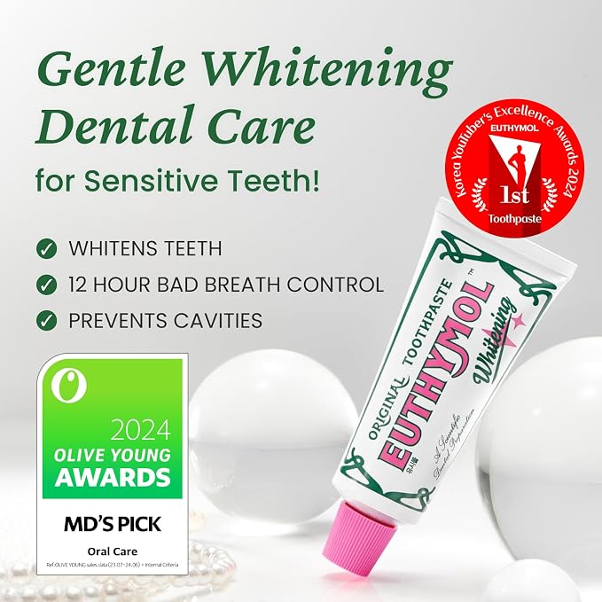 EUTHYMOL Whitening Toothpaste, Stain Removal in 2weeks | 3.7 floz*3 (3Pack) | Whitening Toothpaste for sensitive Gum & Teeth, Stain Removal in 2 Weeks, Bad Breath, Cavity Prevention, Aluminum Tube