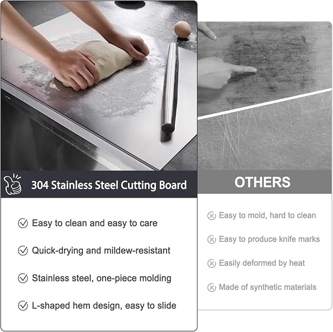 304 Stainless Steel Cutting Board – Stainless Steel Kitchen Chopping Boards Non-Slip, Dishwasher Safe – Ideal for Meat, Vegetables, Fruits, Bread & Baking – Commercial & Home Use (19.6 * 15.7in)