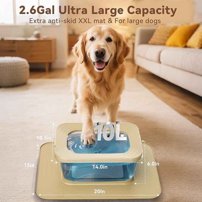10L No Spill Dog Water Bowl Stainless Steel for Messy Drinkers | Large Capacity Slobber Stopper, Slow Drinking Anti Splash Design, XXL Silicone Mat, For Large Dogs & Multi-pet Homes, Beige