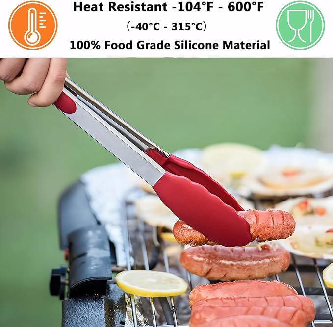 Kitchen Tongs for Cooking w Non-Stick Silicone Tips, 600°F Heat Resistant Silicone Cooking Food Tong Set Heavy Duty Stainless Steel Handle for Baking Grilling BBQ Salad Serving, 7" 9" and 12"