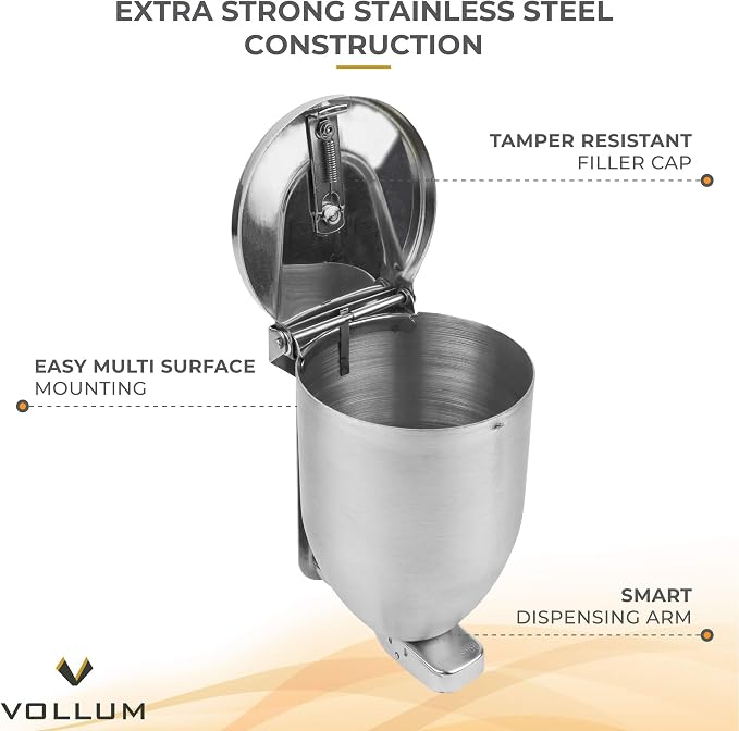 Vollum Powder-Soap Dispenser - 32 Ounce Stainless Steel Bathroom Soap Dispenser with Large Filler Cap - Strong Wall Mounted Pump Kitchen Soap Dispenser - Farmhouse Kitchen Decor Dish Soap Dispensers