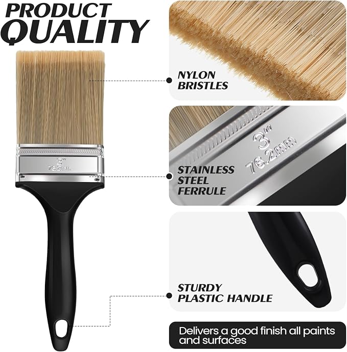 Layhit 24 Pcs Paint Brushes House Chip Paintbrush with Treated Plastic Handles Wide Flat Wall Trim Painting Tool for Paint Stains Wood Cabinet Deck Fence Door Furniture Home DIY (3”)