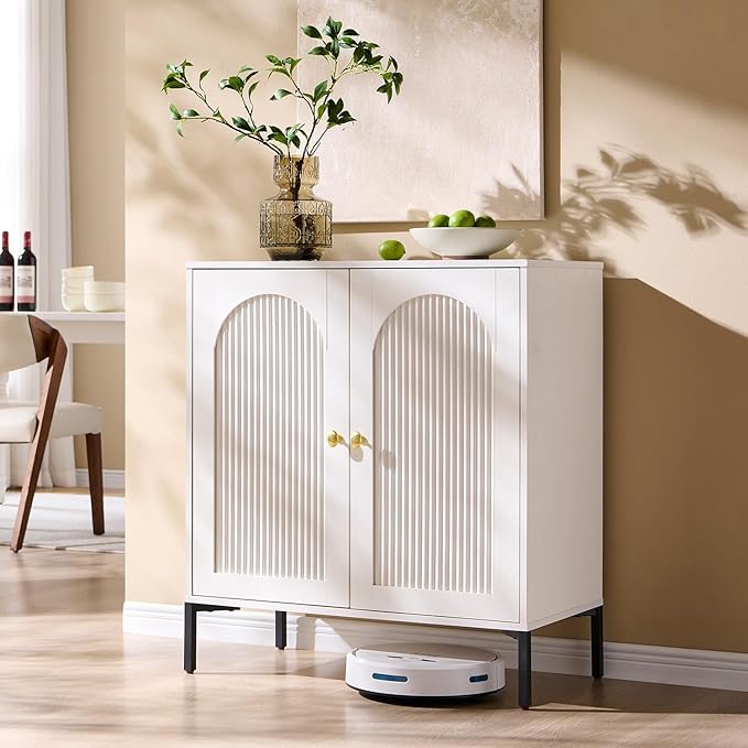IFGET 34" Tall Modern Arched Sideboard Buffet Cabinet with Storage, White | Fluted Arch Sideboard Cabinet w/Adjustable Shelves, Wooden Modular Kitchen Cabinet for Dining& Living Room, Entryway