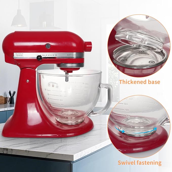 XINBOOG 5QT Glass Bowl Compatible with KitchenAid 4.5-5 QT Tilt Stand Mixer | 5Qt Glass Mixing Bowl Replacement with Lid, with Measurement Markings & Handle