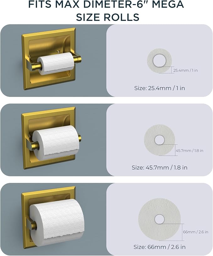 FORIOUS Recessed Toilet Paper Holder, Stainless Steel Durable Tissue Roll Holder Wall Mount for Bathroom Space Saving Design with Mounting Bracket, in Wall Toilet Paper Dispenser Insert, Gold