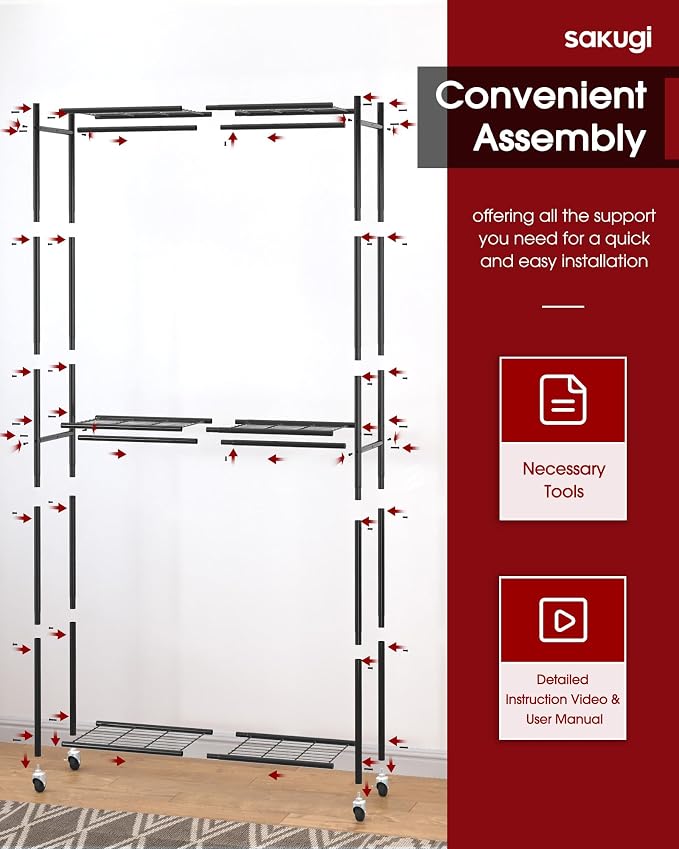 Sakugi Clothes Rack - 33.0" x 12.2" x 79.5" Clothing Rack with Shelves & Wheels, Multi-Functional Wardrobe Closet with Hooks, Sturdy Metal Garment Rack for Bedroom, Laundry, Balcony (Black)