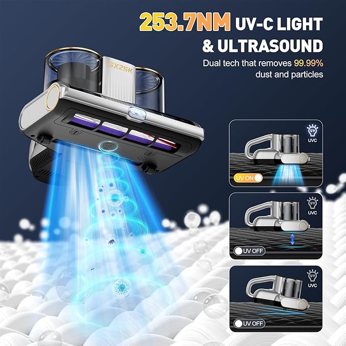 Gxzsk Mattress Vacuum Cleaner, 16kPa Bed Vacuum Cleaner with 253.7nm UV-C Light, Ultrasonic & 140℉ Heating, Dual Cup & Widen Suction Port Handheld Vacuums for Bed, Sofa, Couch, Crib (500W, Corded)
