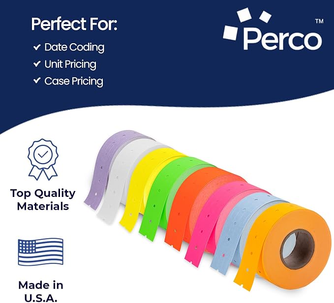 Perco 1 Line Multicolored Sleeve—240,000 Labels for Perco Lite, X, Plus & Pro Guns—Includes White, Yellow, Blue, Lavender & Fluorescent Colors (Red, Green,Pink, Orange)—240 Rolls, 30 Sleeves—USA Made