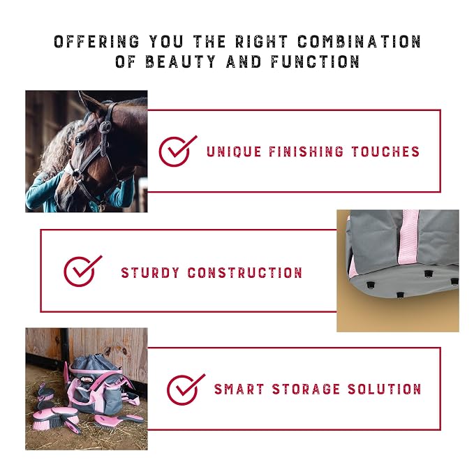 Weaver Equine Horse Grooming Kit, 7-Piece Horse Brush Set with Organizer Tote Bag, Hoof Pick, Comb, Sweat Scraper, Equine Tools for Daily Grooming, Gray/Pink