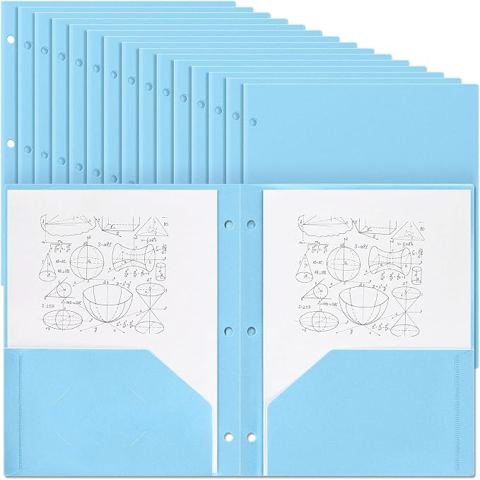 Yeaqee 50 Pcs Plastic Folders with Pockets Bulk 3 Hole Punched 2 Pocket File Folders for 3 Ring Binder Divider Folder for Notebooks, Durable Poly for Office Home (Light Blue)