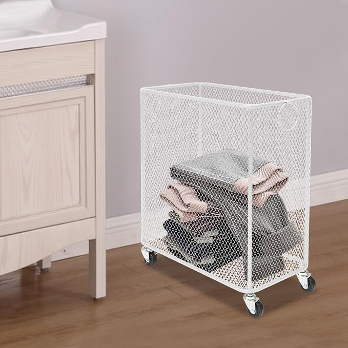 Laundry Basket, Large Rolling Fashion Laundry Basket, Dirty Clothes Hamper Cart with Wheels Metal Dorm Room Essentials for Laundry Room, Balcony, Bathroom, Bedroom, Kitchen (White, Rectangular)