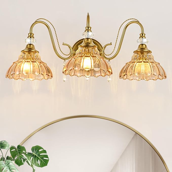 Vintage Bathroom Vanity Light, 3-Light Brushed Gold Finish Wall Sconce with Hanging Crystal Accents and Flower-Shaped Amber Glass Shades, Retro Wall Mount Vanity Light Over Mirror for Bathroom